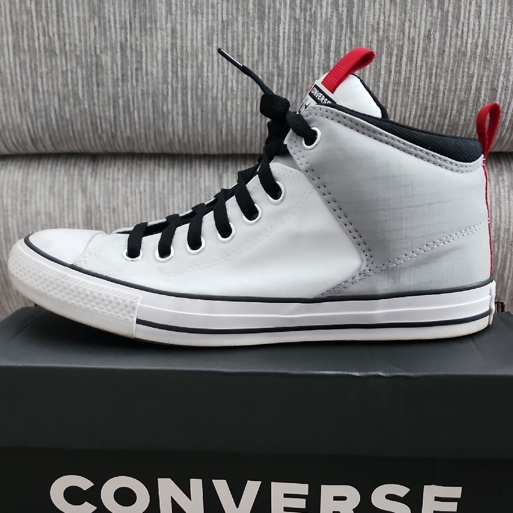 Converse Men's High Top Sneakers White Gray with Black and Red Accents - Picture 6 of 10